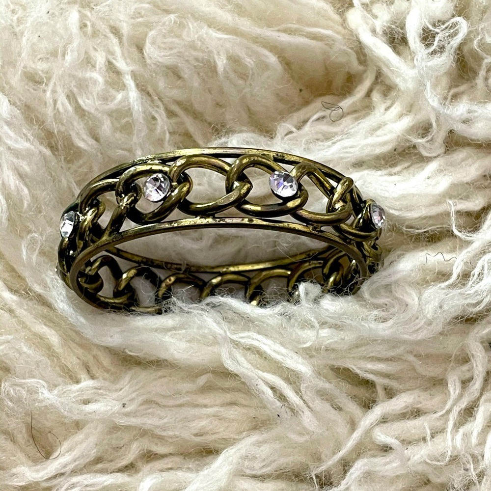 Antique Gold Tone Chain Link Bangle Bracelet Clear Rhinestone Embellished